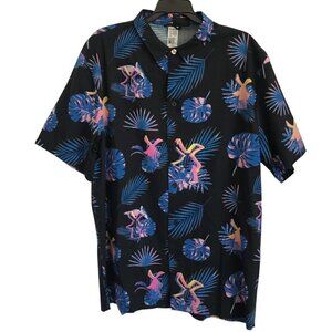 Dutch Bros Coffee Men Hawaiian Button Front Shirt L Windmill Logo Tropical Leaf